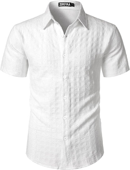 ZEROYAA Men's Knit Shirt Vintage Slim Fit Short Sleeve Button Down Shirts Summer Vacation Beach Tops