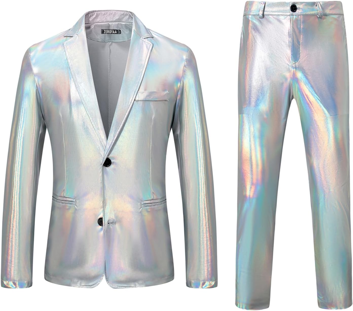 ZEROYAA Men's Metallic Shiny Suits Disco Sequin Blazer and Pants 2 Piece Sets for Party Prom