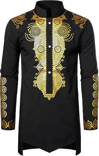 ZEROYAA Men's Traditional African Long Sleeve Dashiki Shiny Pattern Printed Dazzling Shirt