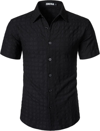 ZEROYAA Men's Knit Shirt Vintage Slim Fit Short Sleeve Button Down Shirts Summer Vacation Beach Tops