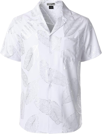 ZEROYAA Men Stylish Print Cuban Shirt Short Sleeve Button Down Relaxed Fit Shirts Beach Hawaiian Vacation Tops