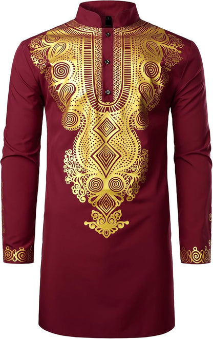 ZEROYAA Men's Traditional African Long Sleeve Dashiki Shiny Pattern Printed Dazzling Shirt