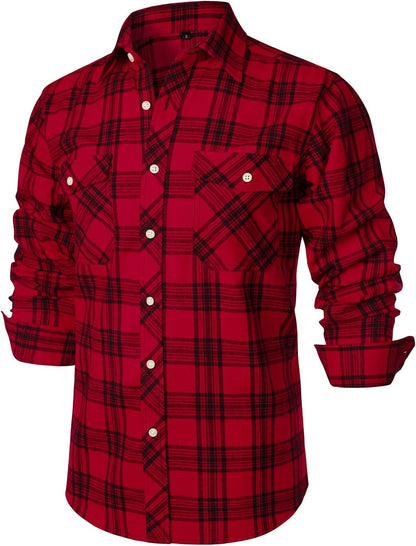 ZEROYAA Men's Casual Regular Fit Button Up Flannel Checked Plaid Shirts with Pockets