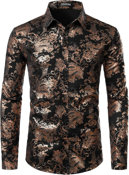 ZEROYAA Men's Luxury Paisley Dress Shirt Shiny Floral Printed Button Down Shirts for Party Prom