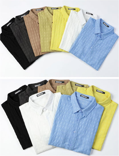 ZEROYAA Men's Knit Shirt Vintage Slim Fit Short Sleeve Button Down Shirts Summer Vacation Beach Tops