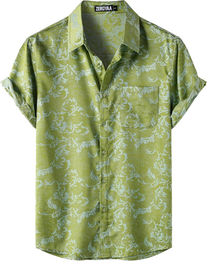 ZEROYAA Men's Shiny Luxury Silk Satin Floral Jacquard Short Sleeve Regular Fit Button Down Shirt for Party Prom