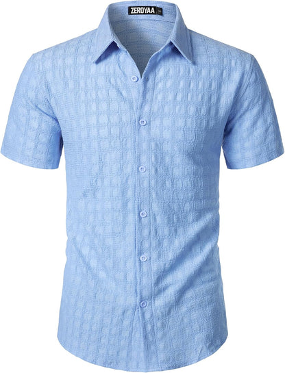 ZEROYAA Men's Knit Shirt Vintage Slim Fit Short Sleeve Button Down Shirts Summer Vacation Beach Tops