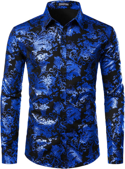 ZEROYAA Men's Luxury Paisley Dress Shirt Shiny Floral Printed Button Down Shirts for Party Prom