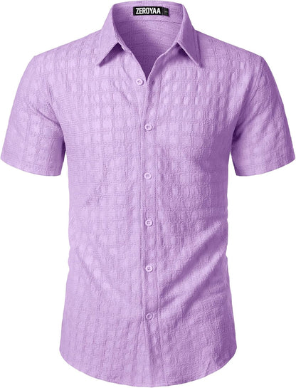 ZEROYAA Men's Knit Shirt Vintage Slim Fit Short Sleeve Button Down Shirts Summer Vacation Beach Tops