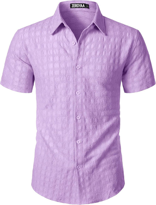 ZEROYAA Men's Knit Shirt Vintage Slim Fit Short Sleeve Button Down Shirts Summer Vacation Beach Tops