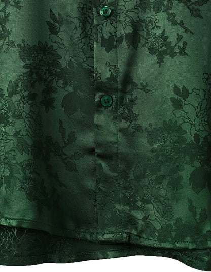 ZEROYAA Men's Shiny Luxury Silk Satin Floral Jacquard Short Sleeve Regular Fit Button Down Shirt for Party Prom