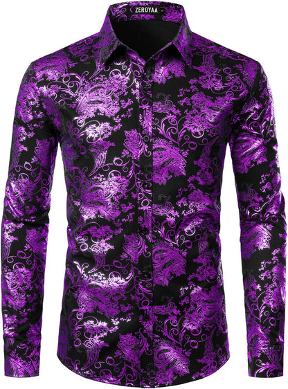 ZEROYAA Men's Luxury Paisley Dress Shirt Shiny Floral Printed Button Down Shirts for Party Prom
