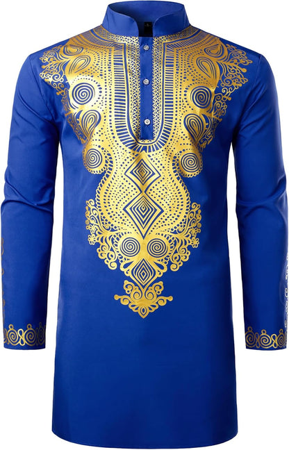 ZEROYAA Men's Traditional African Long Sleeve Dashiki Shiny Pattern Printed Dazzling Shirt