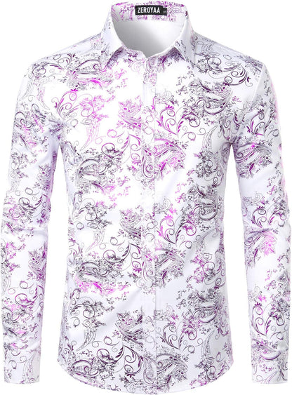 ZEROYAA Men's Luxury Paisley Dress Shirt Shiny Floral Printed Button Down Shirts for Party Prom