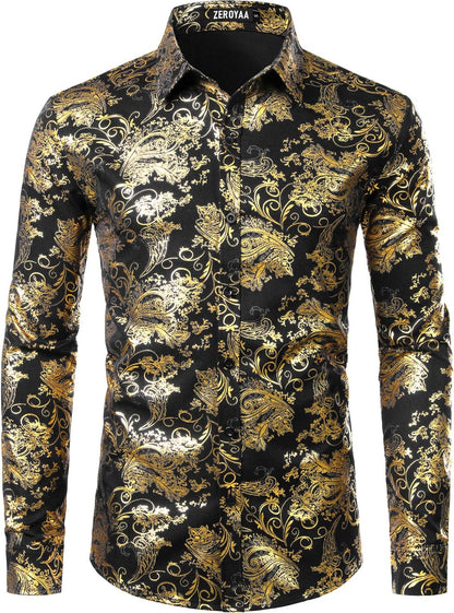 ZEROYAA Men's Luxury Paisley Dress Shirt Shiny Floral Printed Button Down Shirts for Party Prom