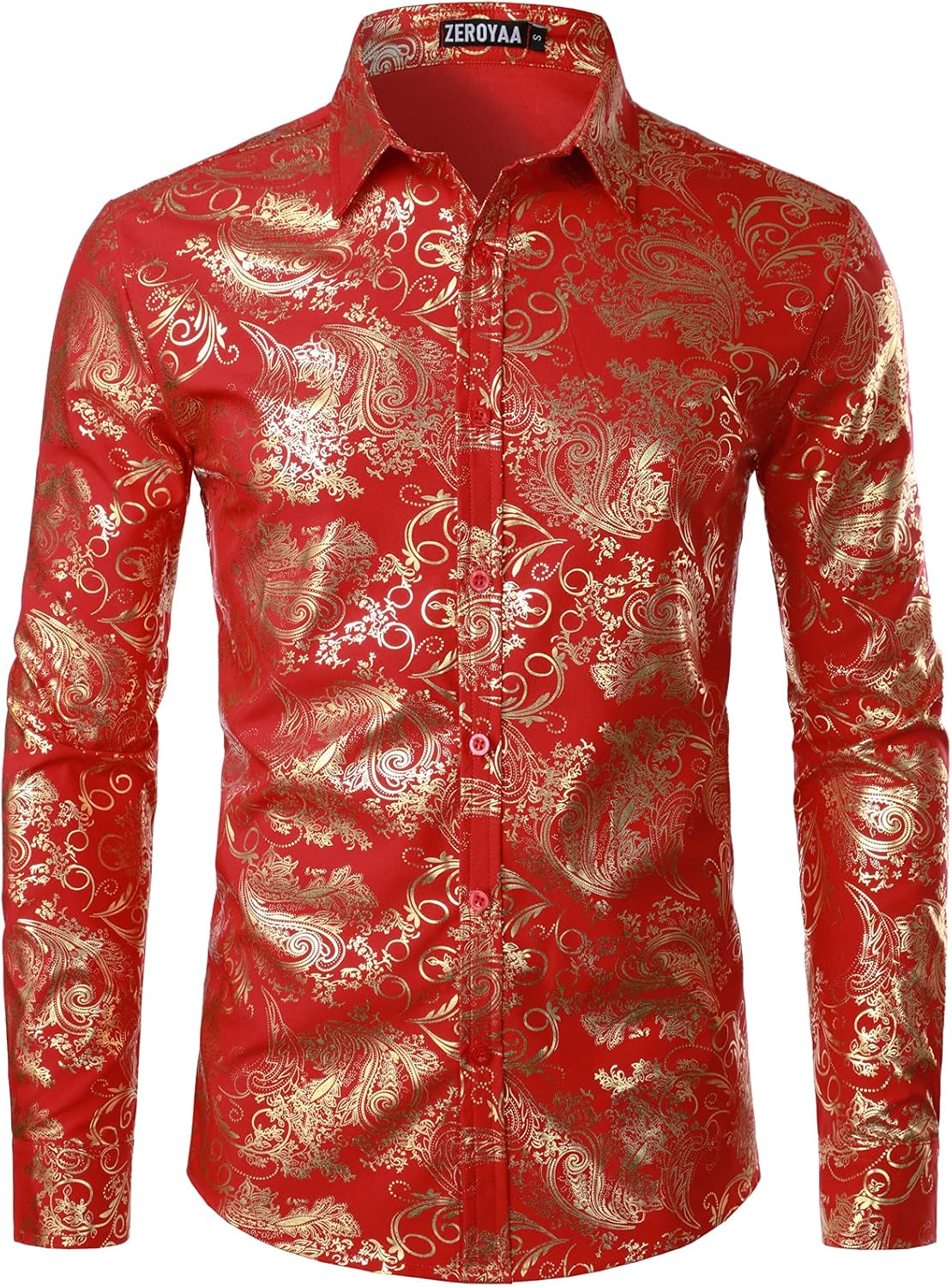 ZEROYAA Men's Luxury Paisley Dress Shirt Shiny Floral Printed Button Down Shirts for Party Prom