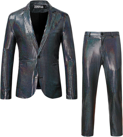 ZEROYAA Men's Metallic Shiny Suits Disco Sequin Blazer and Pants 2 Piece Sets for Party Prom