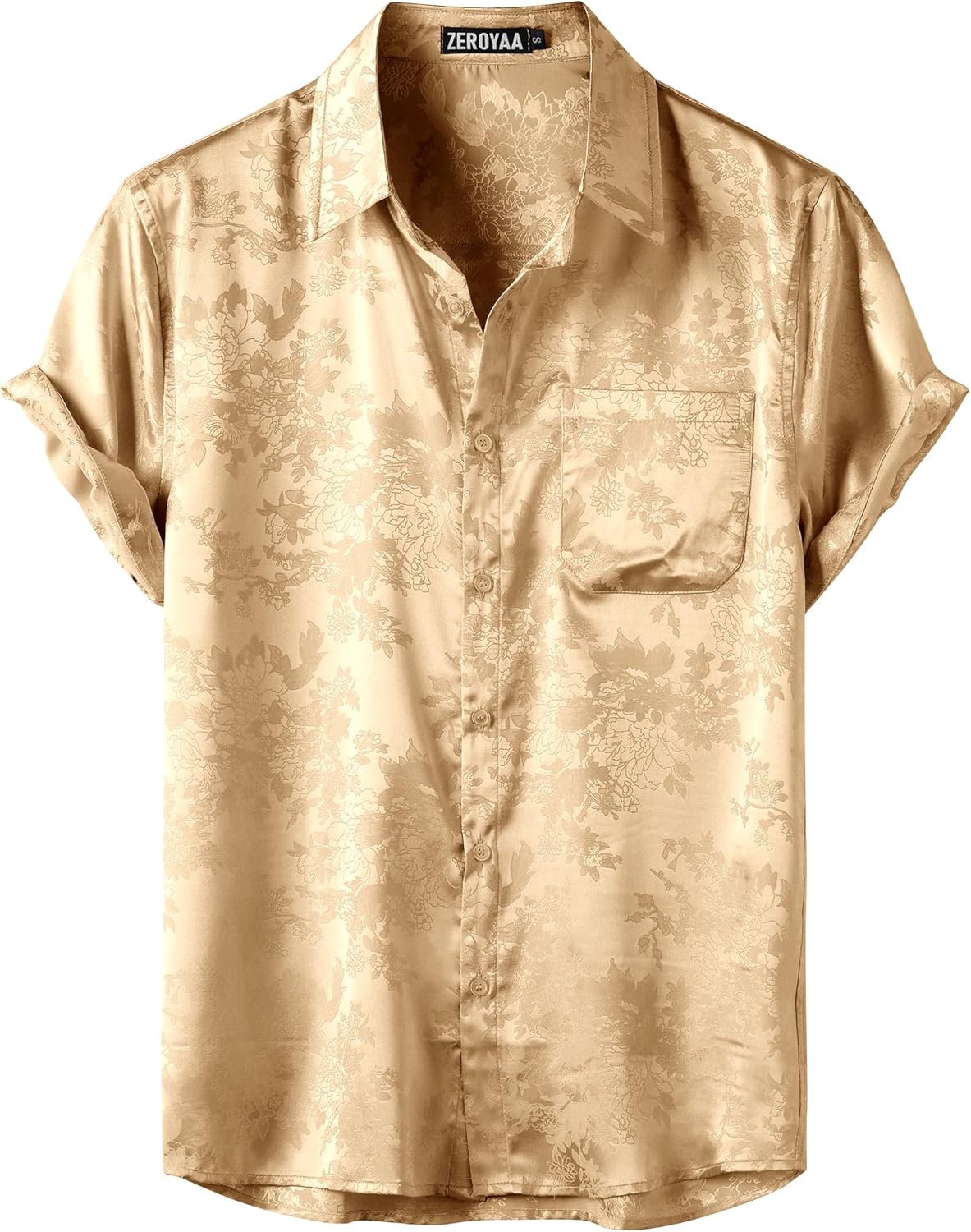 ZEROYAA Men's Shiny Luxury Silk Satin Floral Jacquard Short Sleeve Regular Fit Button Down Shirt for Party Prom