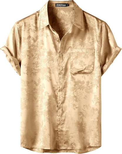ZEROYAA Men's Shiny Luxury Silk Satin Floral Jacquard Short Sleeve Regular Fit Button Down Shirt for Party Prom