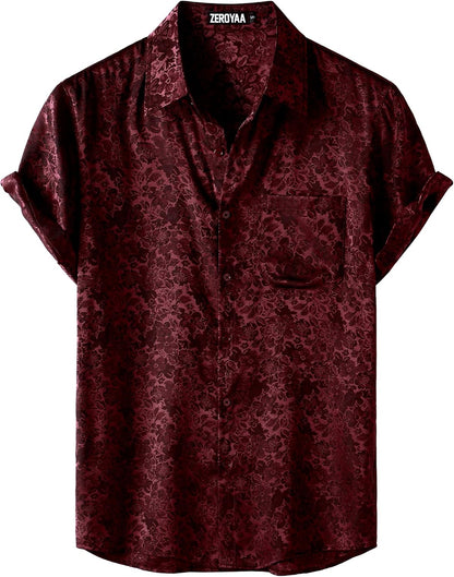 ZEROYAA Men's Shiny Luxury Silk Satin Floral Jacquard Short Sleeve Regular Fit Button Down Shirt for Party Prom