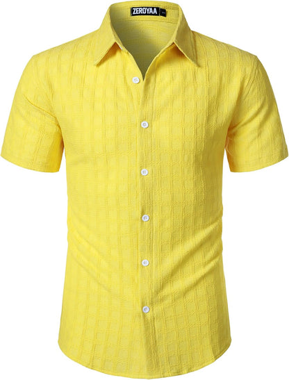 ZEROYAA Men's Knit Shirt Vintage Slim Fit Short Sleeve Button Down Shirts Summer Vacation Beach Tops
