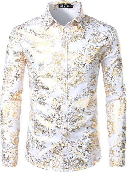 ZEROYAA Men's Luxury Paisley Dress Shirt Shiny Floral Printed Button Down Shirts for Party Prom