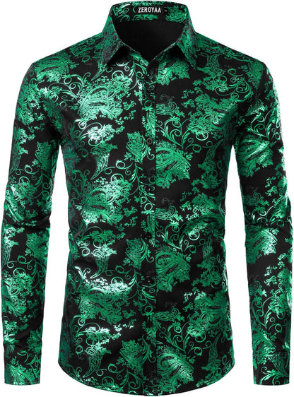 ZEROYAA Men's Luxury Paisley Dress Shirt Shiny Floral Printed Button Down Shirts for Party Prom
