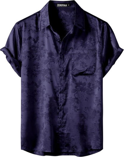 ZEROYAA Men's Shiny Luxury Silk Satin Floral Jacquard Short Sleeve Regular Fit Button Down Shirt for Party Prom