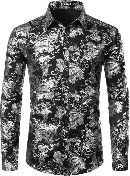 ZEROYAA Men's Luxury Paisley Dress Shirt Shiny Floral Printed Button Down Shirts for Party Prom