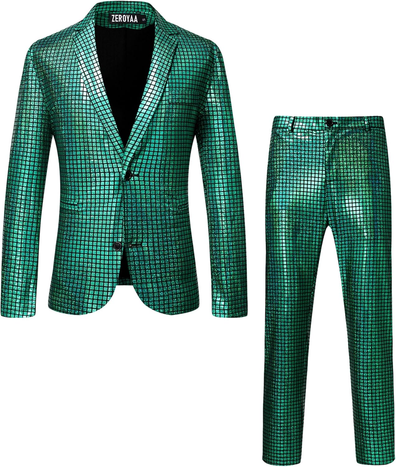 ZEROYAA Men's Metallic Shiny Suits Disco Sequin Blazer and Pants 2 Piece Sets for Party Prom