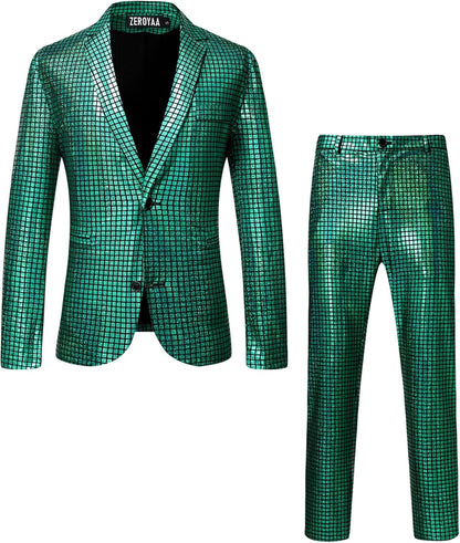 ZEROYAA Men's Metallic Shiny Suits Disco Sequin Blazer and Pants 2 Piece Sets for Party Prom
