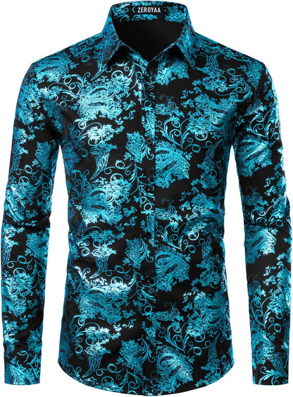 ZEROYAA Men's Luxury Paisley Dress Shirt Shiny Floral Printed Button Down Shirts for Party Prom