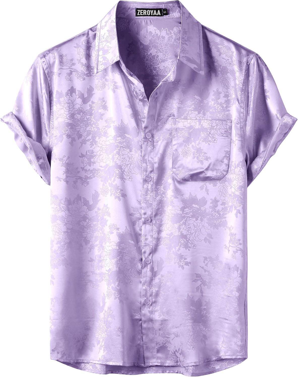 ZEROYAA Men's Shiny Luxury Silk Satin Floral Jacquard Short Sleeve Regular Fit Button Down Shirt for Party Prom