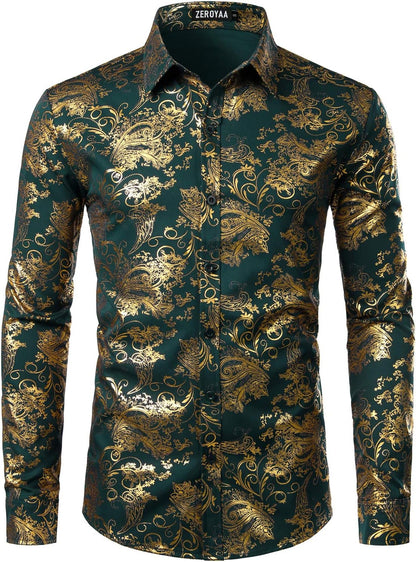 ZEROYAA Men's Luxury Paisley Dress Shirt Shiny Floral Printed Button Down Shirts for Party Prom