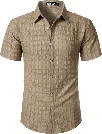 ZEROYAA Men's Knit Shirt Vintage Slim Fit Short Sleeve Button Down Shirts Summer Vacation Beach Tops