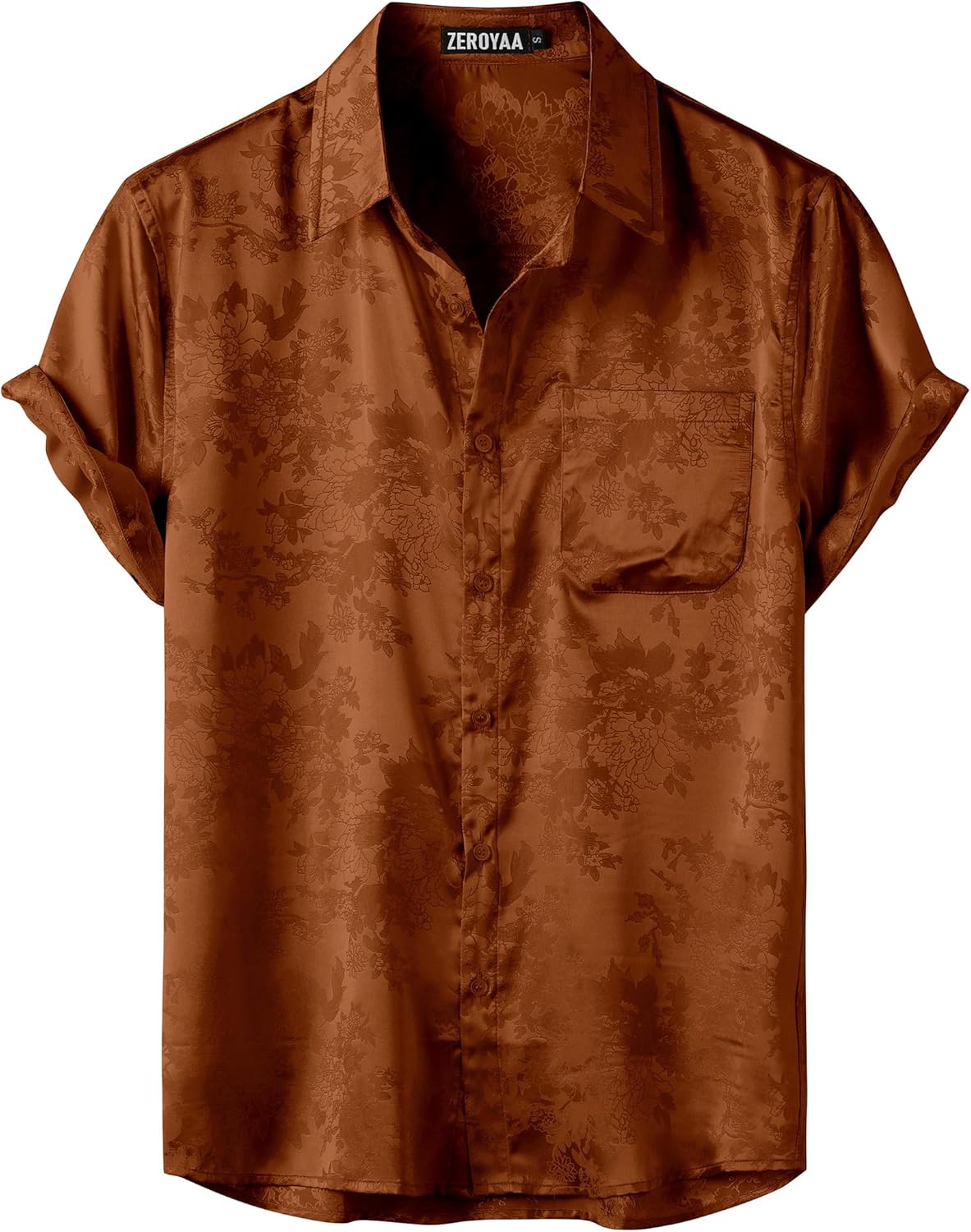 ZEROYAA Men's Shiny Luxury Silk Satin Floral Jacquard Short Sleeve Regular Fit Button Down Shirt for Party Prom
