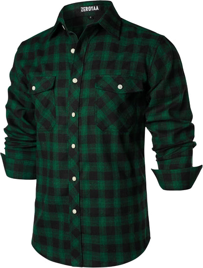 ZEROYAA Men's Casual Regular Fit Button Up Flannel Checked Plaid Shirts with Pockets