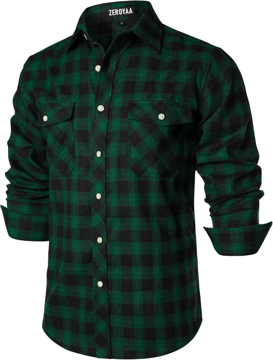 ZEROYAA Men's Casual Regular Fit Button Up Flannel Checked Plaid Shirts with Pockets