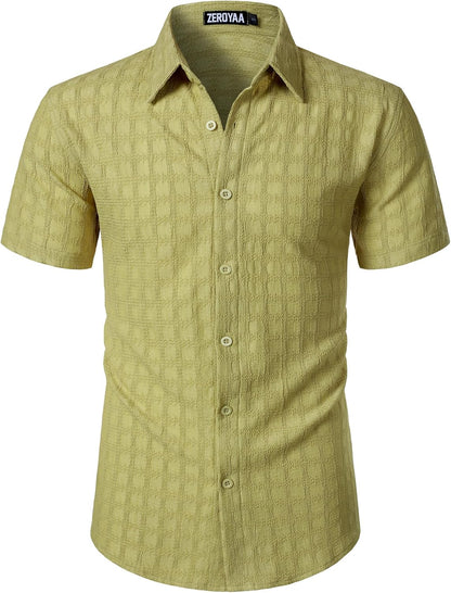 ZEROYAA Men's Knit Shirt Vintage Slim Fit Short Sleeve Button Down Shirts Summer Vacation Beach Tops