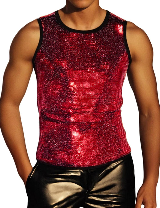 ZEROYAA Men's 70s Sequin Tank Top Shiny Disco Metallic Sleeveless Shirt