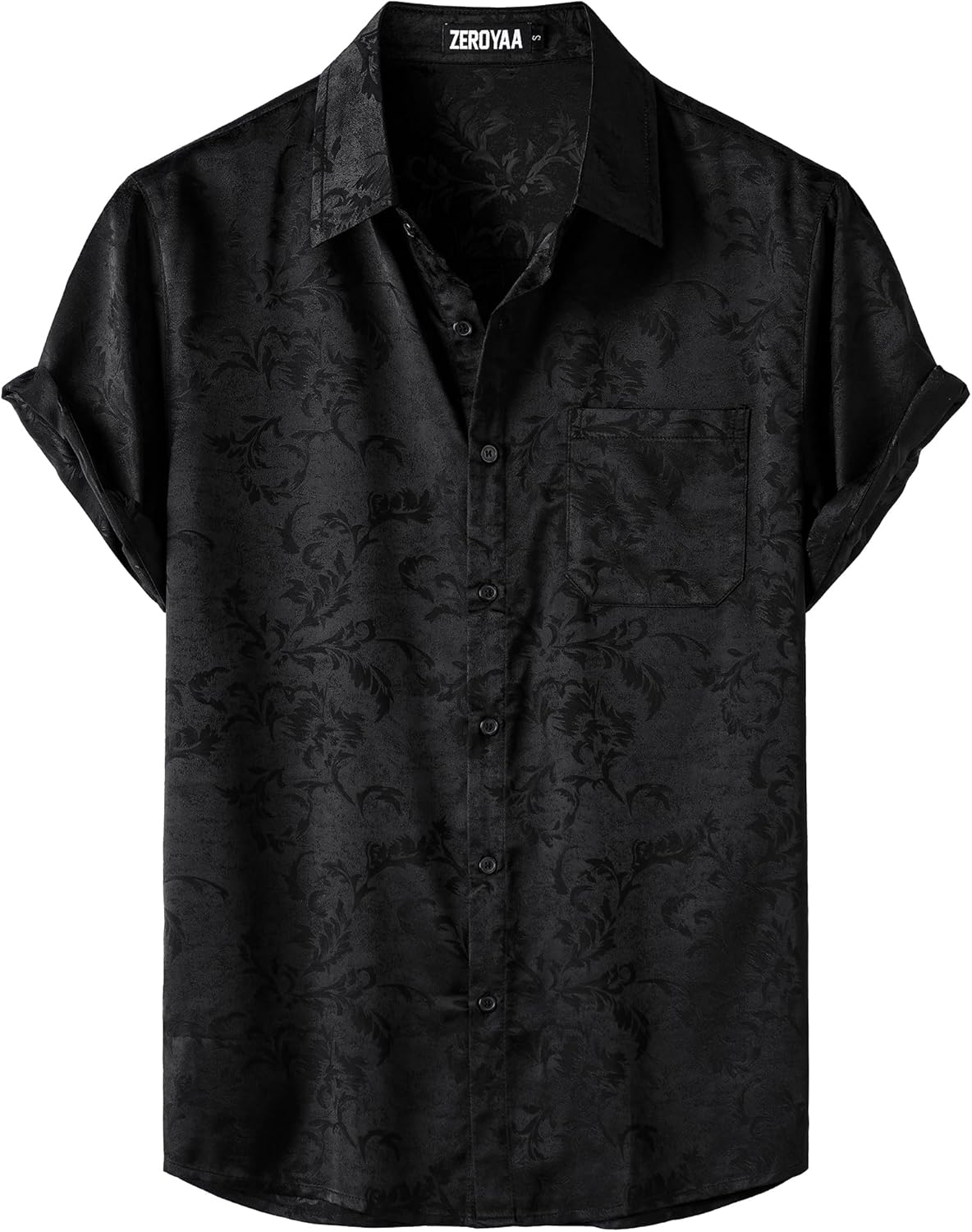 ZEROYAA Men's Shiny Luxury Silk Satin Floral Jacquard Short Sleeve Regular Fit Button Down Shirt for Party Prom
