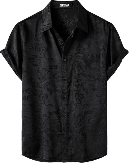 ZEROYAA Men's Shiny Luxury Silk Satin Floral Jacquard Short Sleeve Regular Fit Button Down Shirt for Party Prom