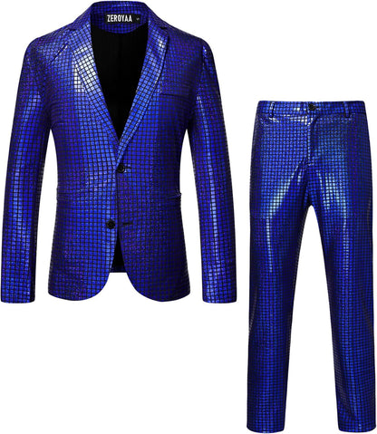 ZEROYAA Men's Metallic Shiny Suits Disco Sequin Blazer and Pants 2 Piece Sets for Party Prom