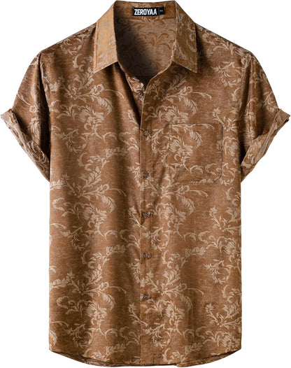 ZEROYAA Men's Shiny Luxury Silk Satin Floral Jacquard Short Sleeve Regular Fit Button Down Shirt for Party Prom