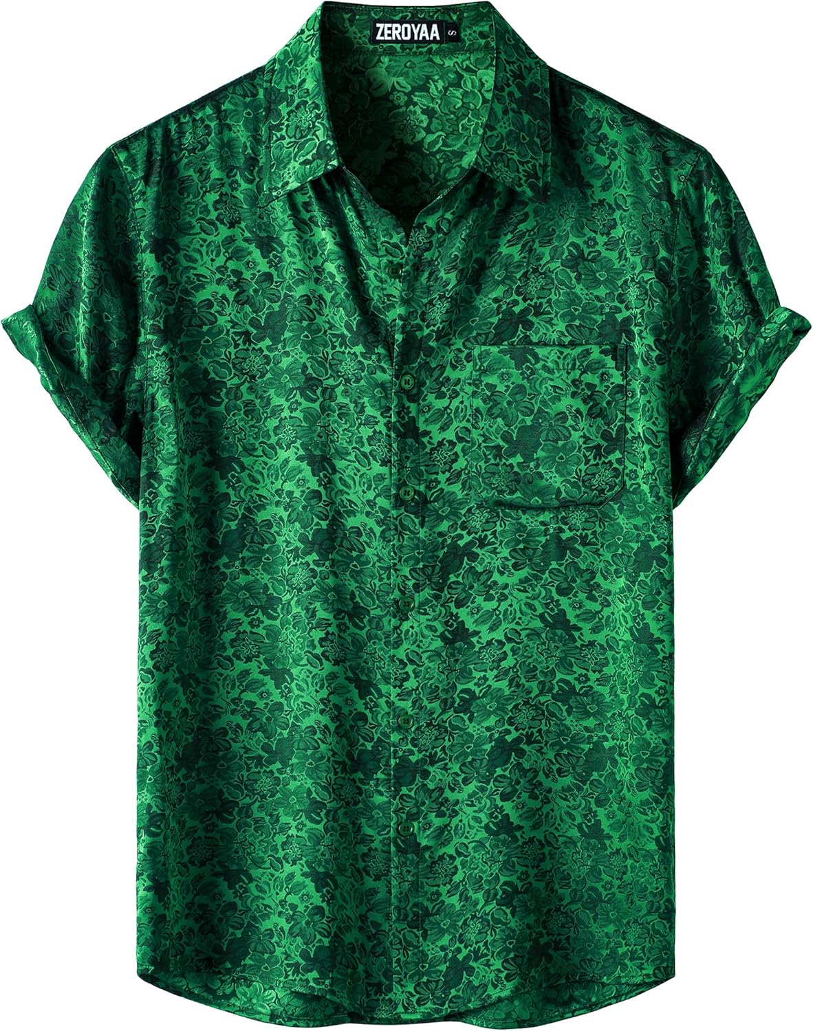 ZEROYAA Men's Shiny Luxury Silk Satin Floral Jacquard Short Sleeve Regular Fit Button Down Shirt for Party Prom