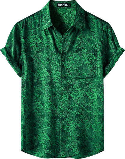 ZEROYAA Men's Shiny Luxury Silk Satin Floral Jacquard Short Sleeve Regular Fit Button Down Shirt for Party Prom