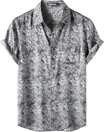 ZEROYAA Men's Shiny Luxury Silk Satin Floral Jacquard Short Sleeve Regular Fit Button Down Shirt for Party Prom