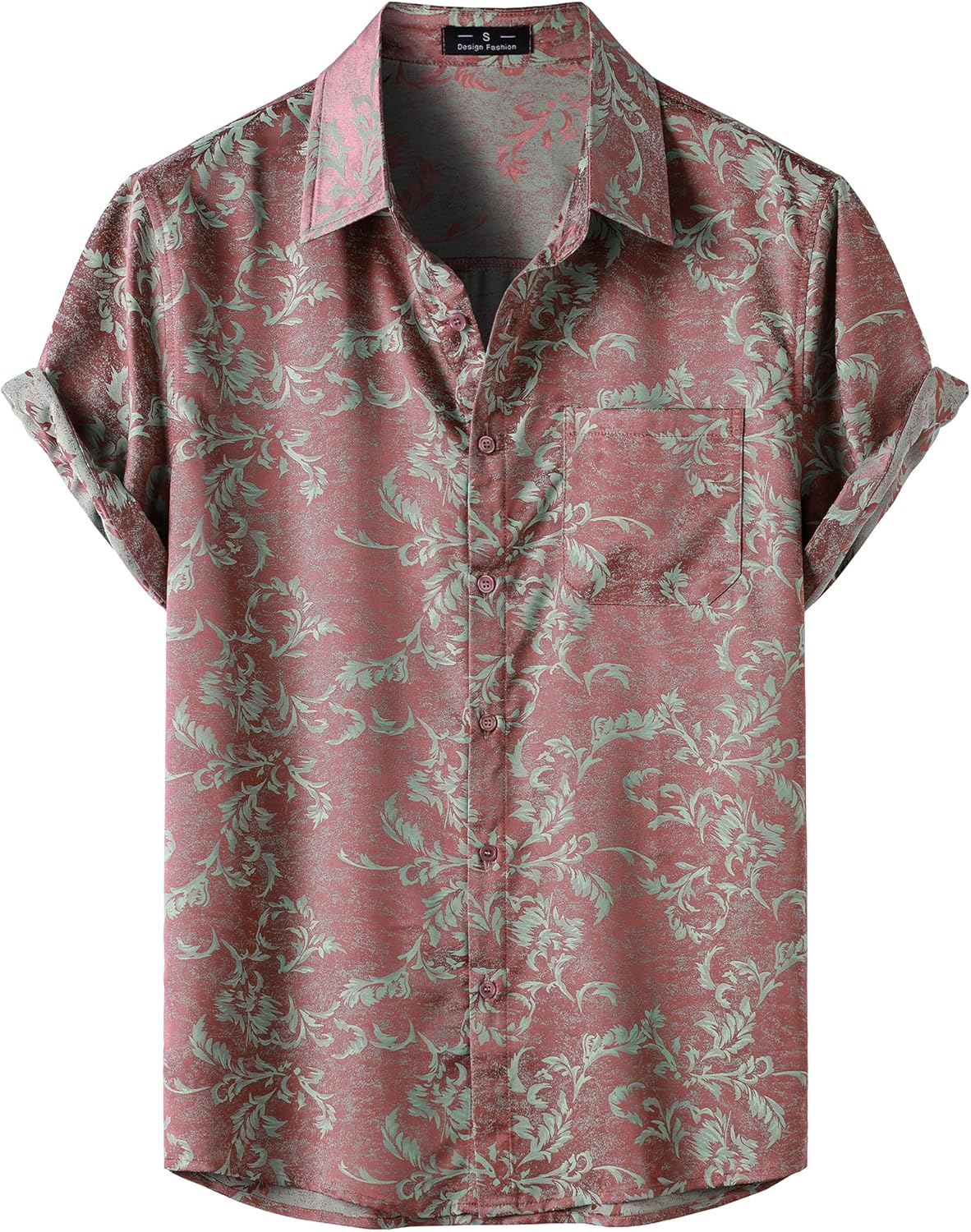 ZEROYAA Men's Shiny Luxury Silk Satin Floral Jacquard Short Sleeve Regular Fit Button Down Shirt for Party Prom