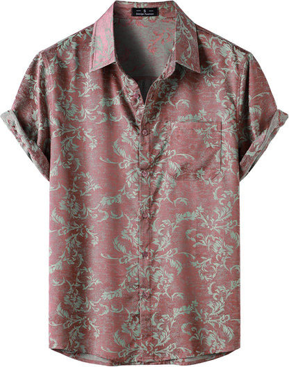 ZEROYAA Men's Shiny Luxury Silk Satin Floral Jacquard Short Sleeve Regular Fit Button Down Shirt for Party Prom
