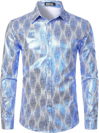 ZEROYAA Men's Luxury Paisley Dress Shirt Shiny Floral Printed Button Down Shirts for Party Prom